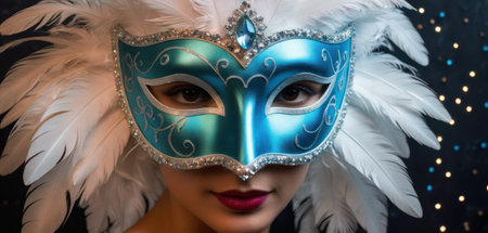 Beautiful young woman with blue carnival mask on dark background.の素材