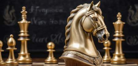 Wooden chessboard with chess pieces and a horse on the backgroundの素材