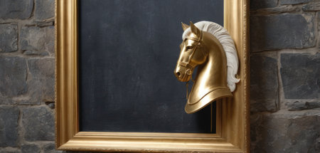 Gold horse head on blackboard in room with brick wall, copy spaceの素材