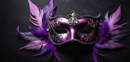 Purple Venetian mask with feathers on black background, close upの素材