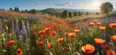 Beautiful panoramic view of the meadow with poppiesの素材