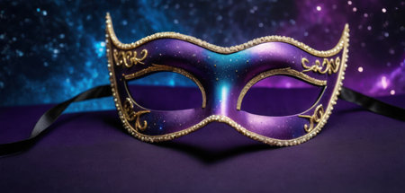 Purple carnival mask on a purple background with space for textの素材