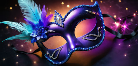 Purple carnival mask with feathers and sparkles on dark backgroundの素材