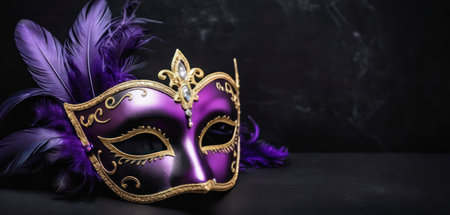 Purple Venetian mask with feathers on black background, copy spaceの素材