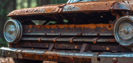 Abandoned old rusty car in the forest. Selective focus.の素材