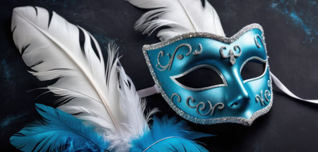 Blue Venetian mask with feathers on black background, closeupの素材