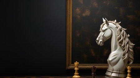 White horse on a chessboard in a room with a black wallの素材