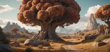 Digital illustration of a big tree in the desert with mountains in the backgroundの素材