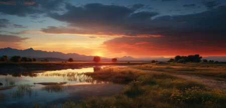 Sunset over the river in the prairie. 3d renderingの素材