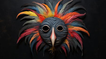 Colorful bird mask on black background, close-up, top viewの素材