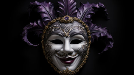 Venetian mask with purple feathers on black background. 3d illustrationの素材