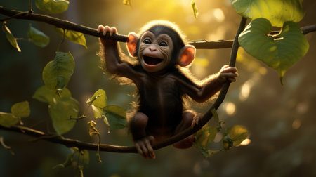Baby chimpanzee sitting on a tree branch in the jungle. Baby monkeyの素材
