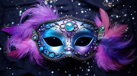 Purple carnival mask with feathers on black background, closeupの素材