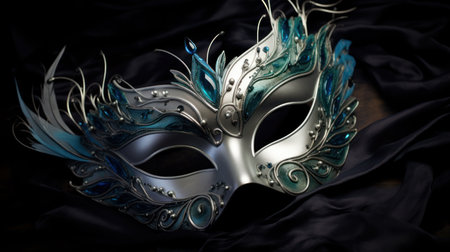 Beautiful Venetian mask on black silk background, close upの素材
