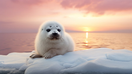 Baby seal on the ice floe in the sea at sunset.の素材
