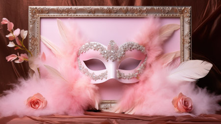 Carnival mask with pink feathers and frame on a dark backgroundの素材