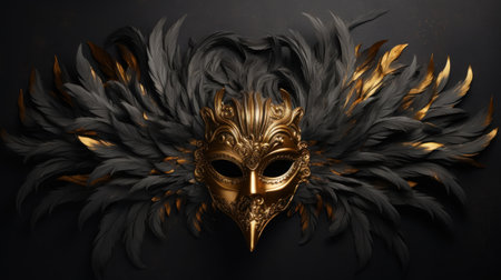 Golden mask with feathers on a black background. 3d illustration.の素材