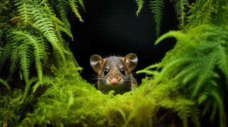 Cute little mouse in the green forest on a black background.の素材