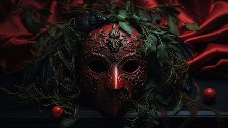Red carnival mask with black crow on the red cloth background.の素材