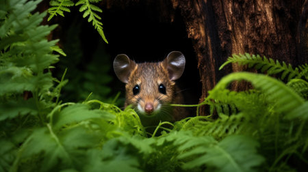 Small brown mouse in the green forest. Animal in the nature.の素材