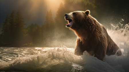 Grizzly bear on the background of the river and forestの素材