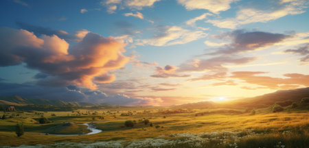 Panoramic view of sunset over the meadow. Beautiful summer landscapeの素材