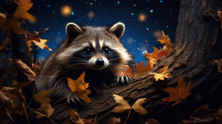 Cute raccoon sitting on tree branch with autumn leaves at nightの素材