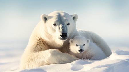 Polar bear (Ursus maritimus) mother and cub on the snow, north of Svalbard Arctic Norwayの素材