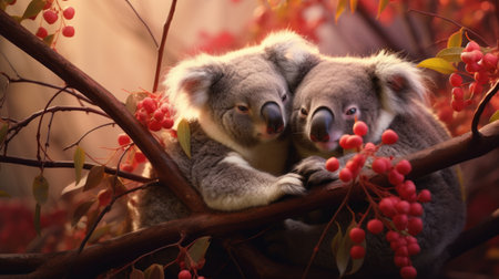Cute koalas sitting on eucalyptus branchの素材