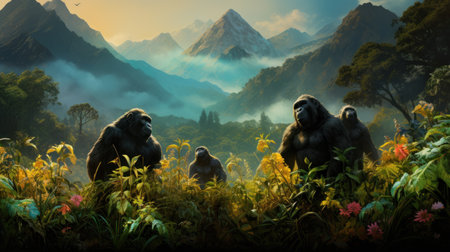 Gorilla in the rainforest. Panoramic view of the rainforest.の素材