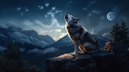 Wolf sitting on rock and looking at the moon in the sky.の素材