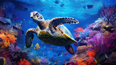 Green sea turtle swimming in coral reef, underwater world. Marine lifeの素材