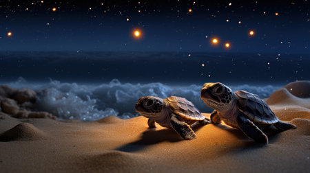 Two sea turtles in the sand on the background of the starry skyの素材
