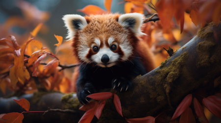 Red panda in autumn forest. Red panda in autumn forestの素材