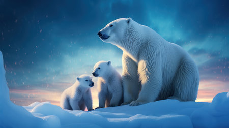 Polar bear with cubs on the pack ice. 3d illustrationの素材