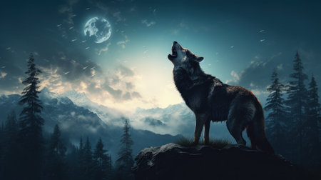 Wolf howling at the full moon in the mountains. Mixed mediaの素材