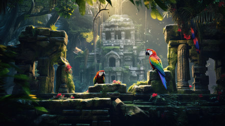 Parrots in the temple garden. 3D rendering and illustration.の素材