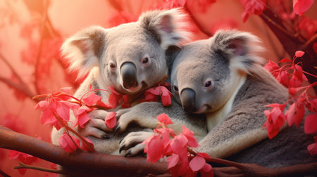 Cute koala bear and mother on a branch of eucalyptus tree.の素材