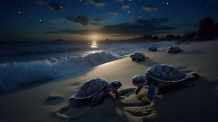 3d render of sea turtles on the beach at night with starry skyの素材