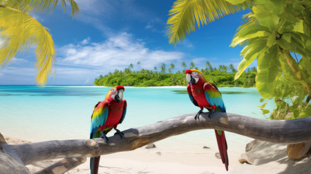 Parrots on a branch on a tropical beach, Seychellesの素材