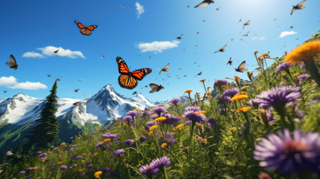 Butterflies flying over a meadow with flowers and mountains in the backgroundの素材