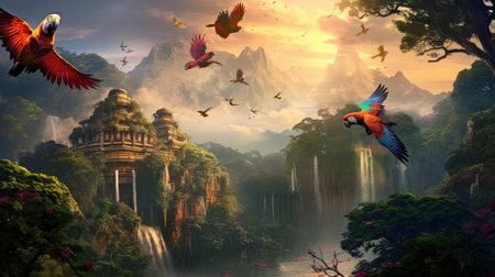 3D rendering of a beautiful fantasy landscape with parrots in the jungleの素材