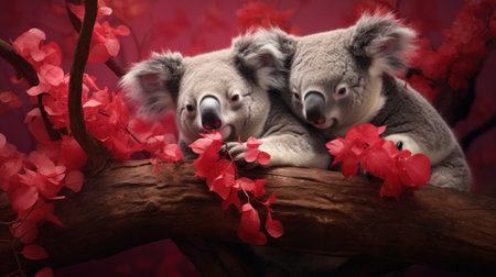 Two koalas on a branch with red flowers in the backgroundの素材
