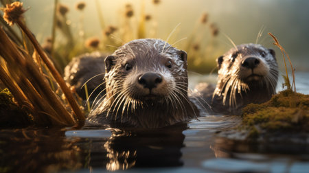 Group of wet Asian small-clawed otters swimming in waterの素材