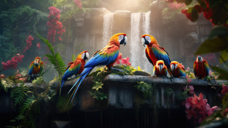 Colorful macaws sitting on the rocks in the rainforest.の素材