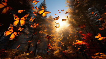 Butterflies flying in the dark forest. 3D rendering.の素材