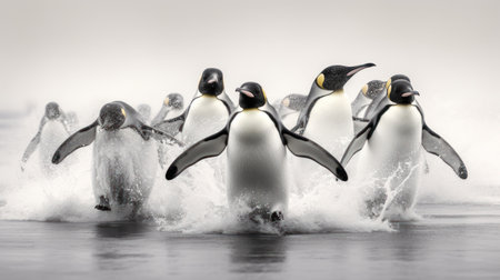 Group of penguins on a frozen lake - 3D render.の素材