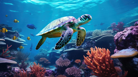 Green sea turtle swimming in coral reef. Marine life concept background.の素材