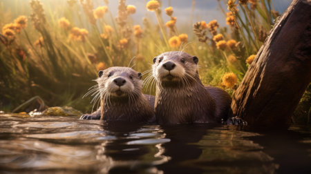 Two wet Asian small-clawed otters swimming in the riverの素材
