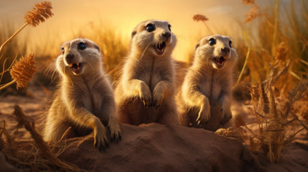 Three meerkats in the desert at sunset. 3d renderingの素材